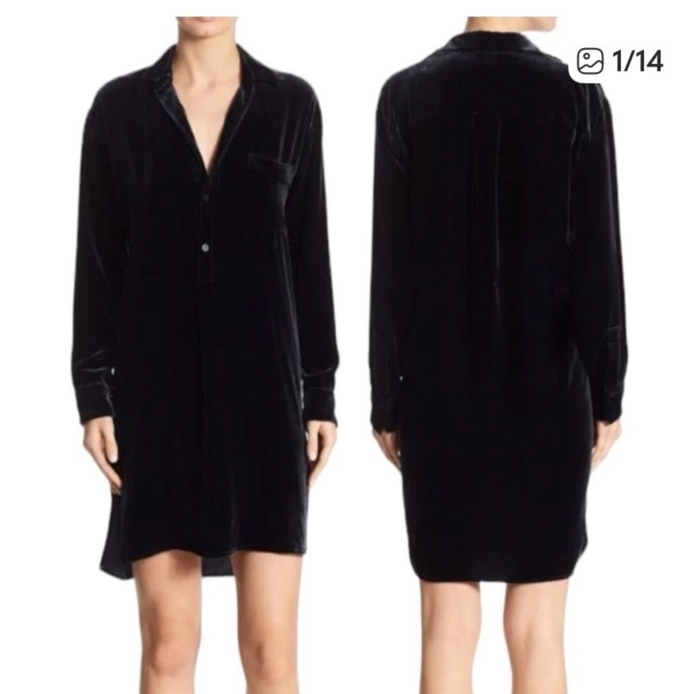 VINCE WOMENS dark -blue velvet Button -down Collar long-sleeve  Shirt  Dress S